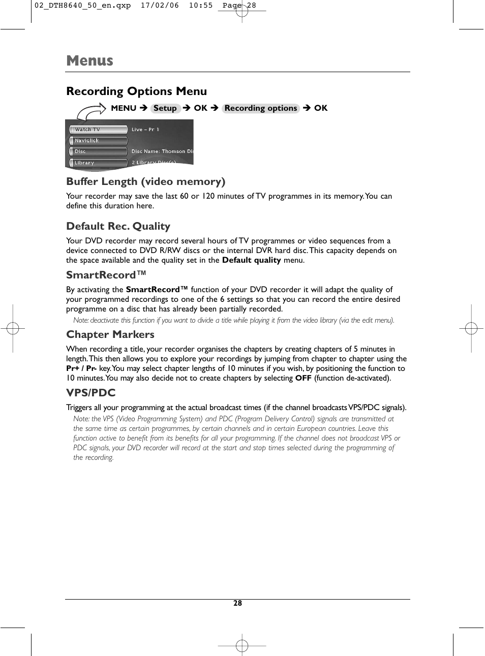 Menus, Recording options menu, Default rec. quality | Smartrecord, Chapter markers, Vps/pdc | Technicolor - Thomson DTH8640 User Manual | Page 28 / 40