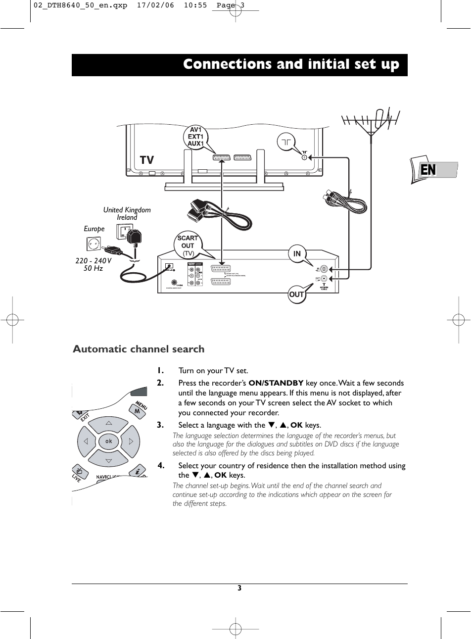 Connections and initial set up, Automatic channel search | Technicolor - Thomson DTH8640 User Manual | Page 3 / 40
