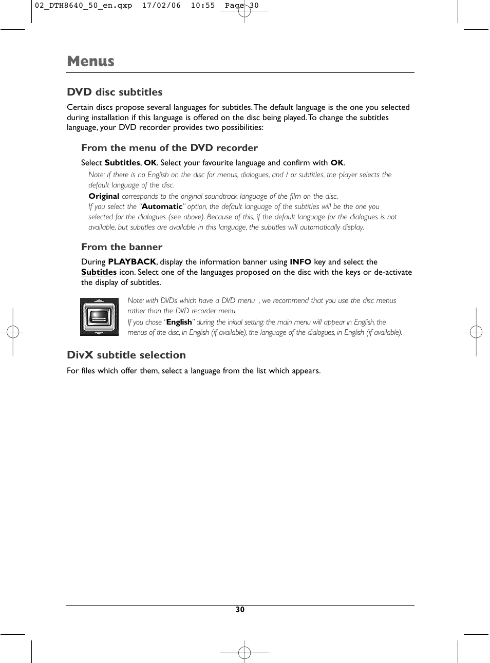 Menus, Dvd disc subtitles, Divx subtitle selection | Technicolor - Thomson DTH8640 User Manual | Page 30 / 40