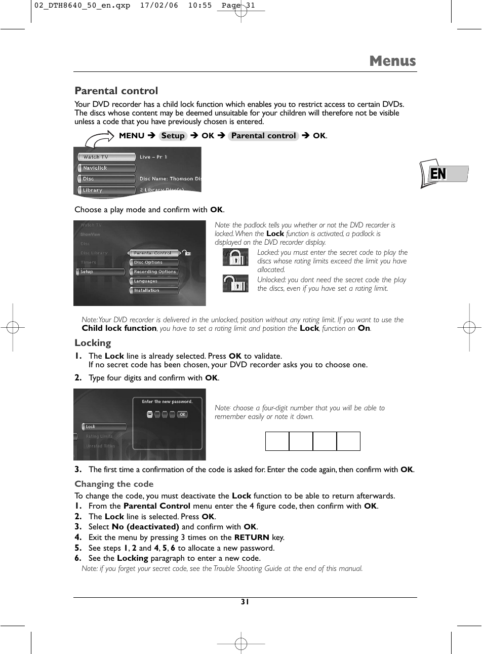 En menus, Parental control | Technicolor - Thomson DTH8640 User Manual | Page 31 / 40