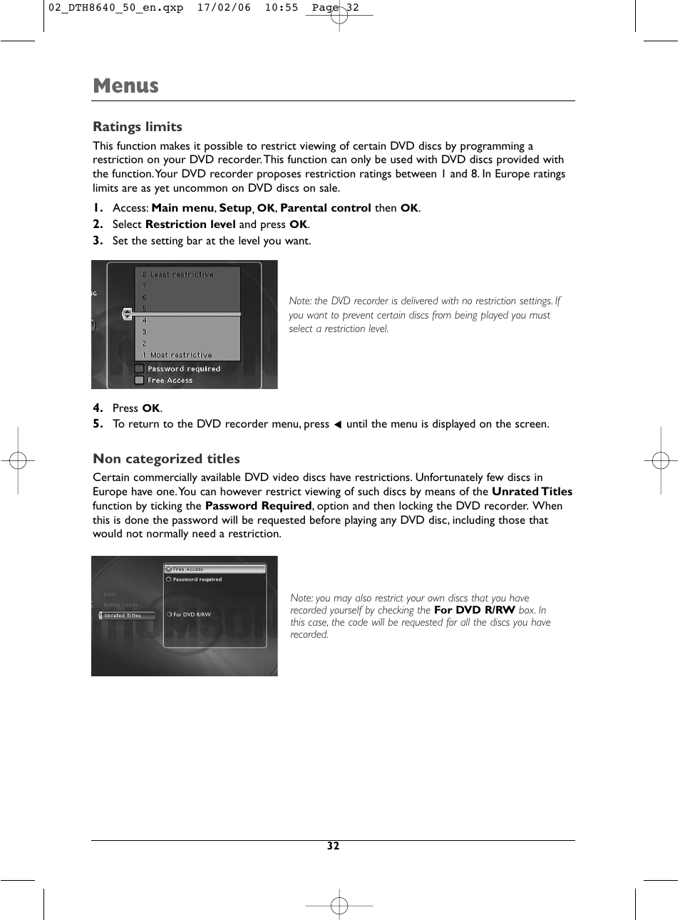 Menus | Technicolor - Thomson DTH8640 User Manual | Page 32 / 40