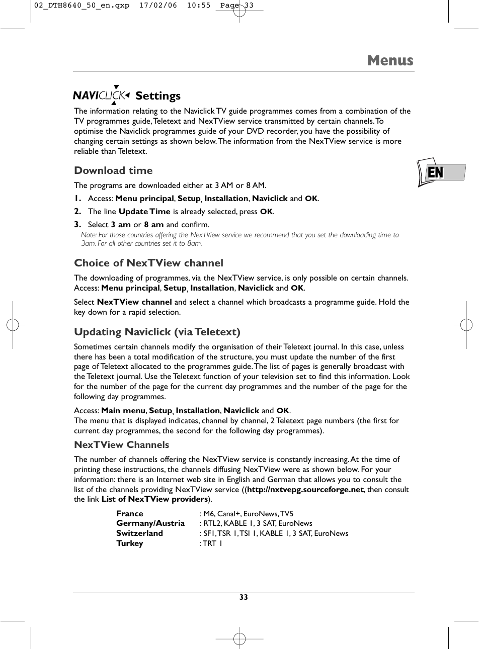 Menus, Settings, Download time | Choice of nextview channel, Updating naviclick (via teletext) | Technicolor - Thomson DTH8640 User Manual | Page 33 / 40