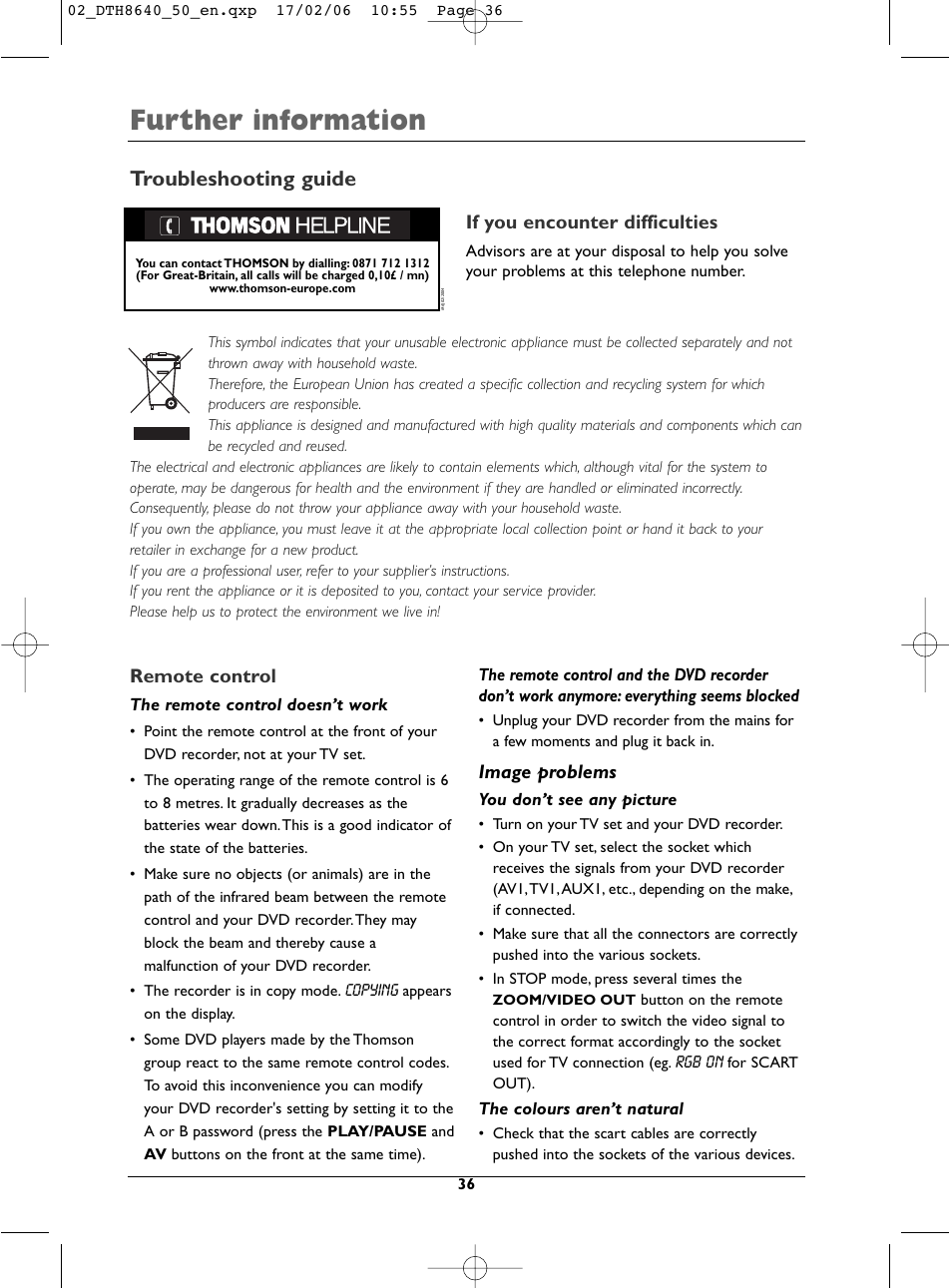 Further information, Troubleshooting guide, If you encounter difficulties | Remote control, Image problems | Technicolor - Thomson DTH8640 User Manual | Page 36 / 40