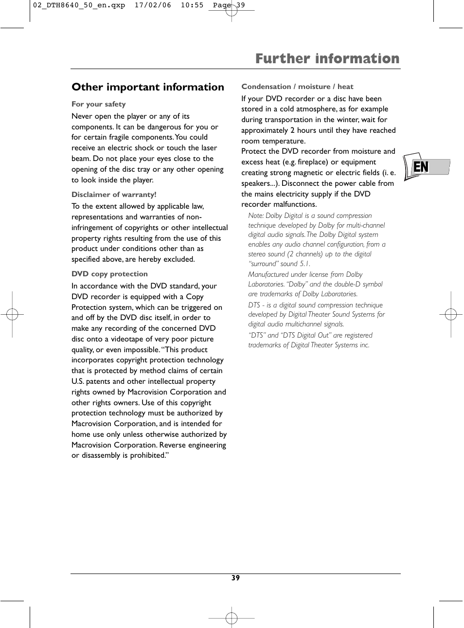 En further information, Other important information | Technicolor - Thomson DTH8640 User Manual | Page 39 / 40