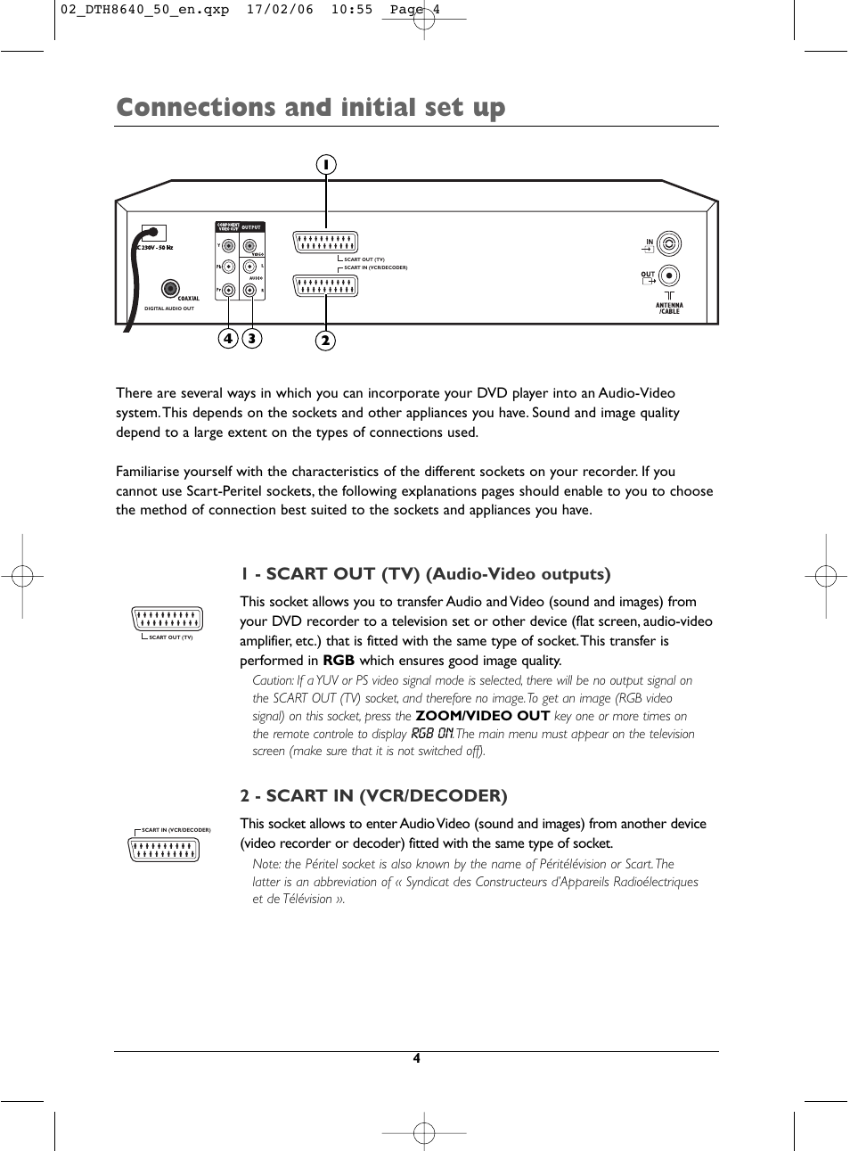 Connections and initial set up, 1 - scart out (tv) (audio-video outputs), 2 - scart in (vcr/decoder) | Technicolor - Thomson DTH8640 User Manual | Page 4 / 40