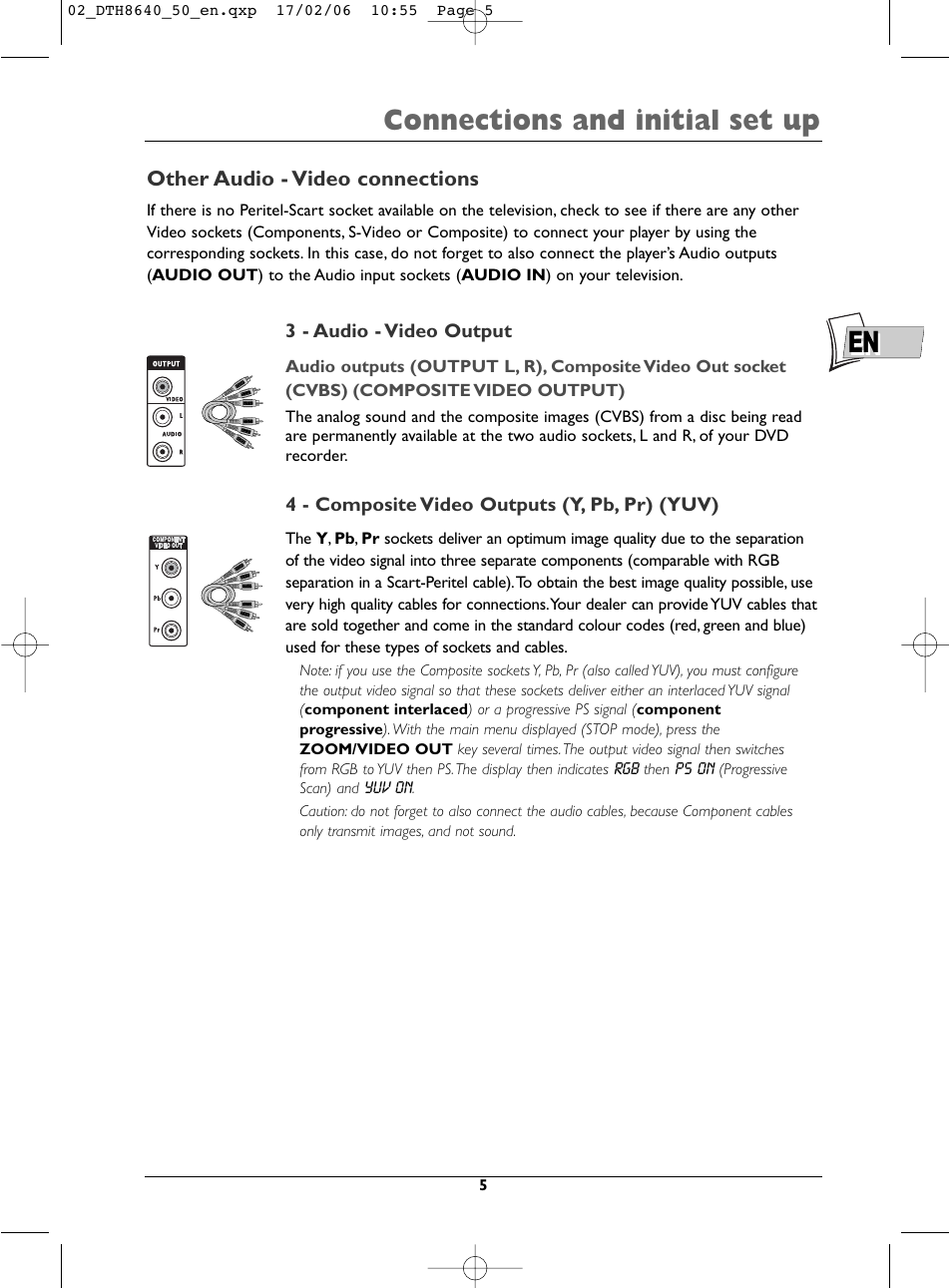 En connections and initial set up | Technicolor - Thomson DTH8640 User Manual | Page 5 / 40
