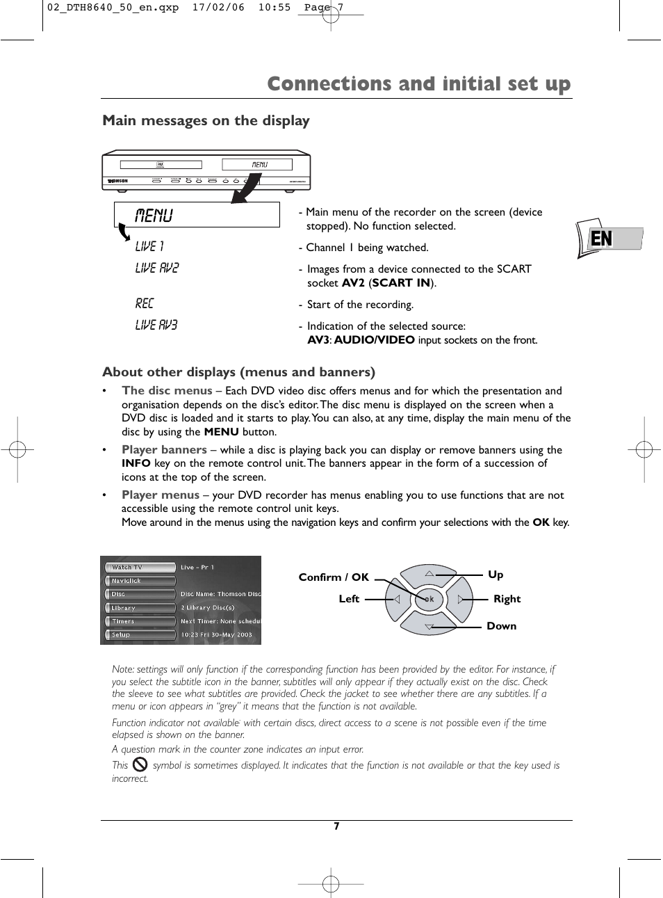 En connections and initial set up, Main messages on the display, Live 1 | Live av2, Live av3 | Technicolor - Thomson DTH8640 User Manual | Page 7 / 40