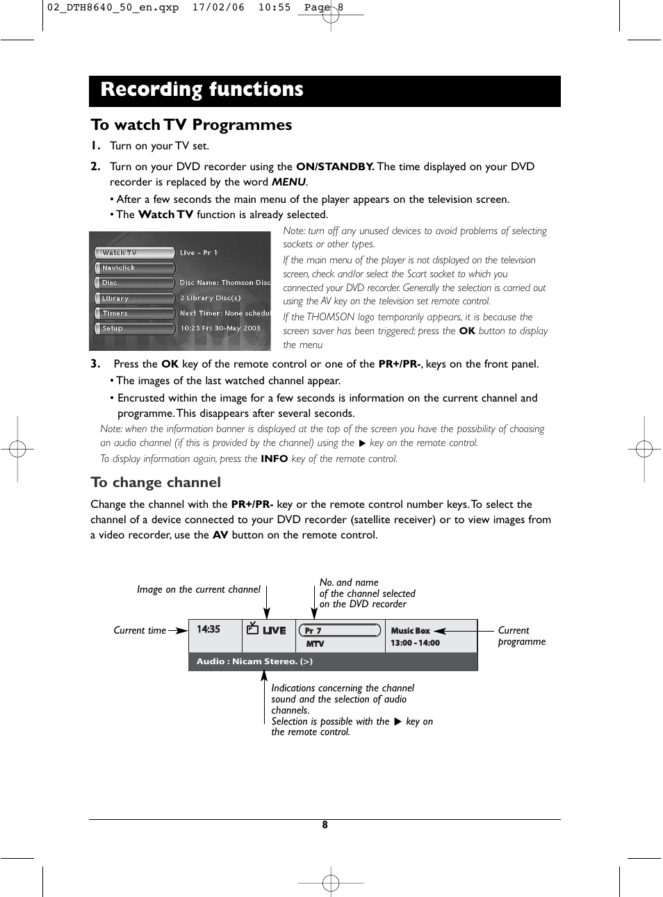 Recording functions | Technicolor - Thomson DTH8640 User Manual | Page 8 / 40