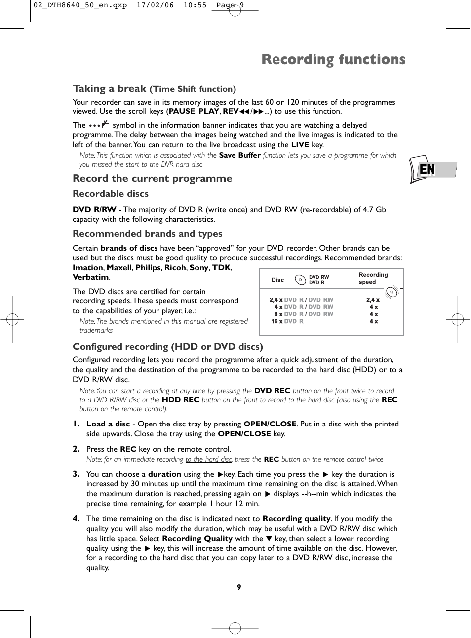 En recording functions, Taking a break, Record the current programme | Technicolor - Thomson DTH8640 User Manual | Page 9 / 40