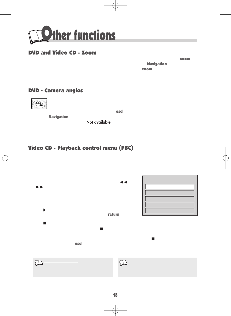 Ther functions, Video cd - playback control menu (pbc), Dvd - camera angles | Dvd and video cd - zoom | Technicolor - Thomson DTH600 User Manual | Page 20 / 27