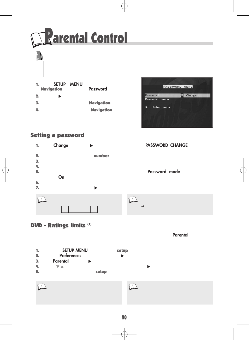 Arental control, Setting a password dvd - ratings limits | Technicolor - Thomson DTH600 User Manual | Page 22 / 27