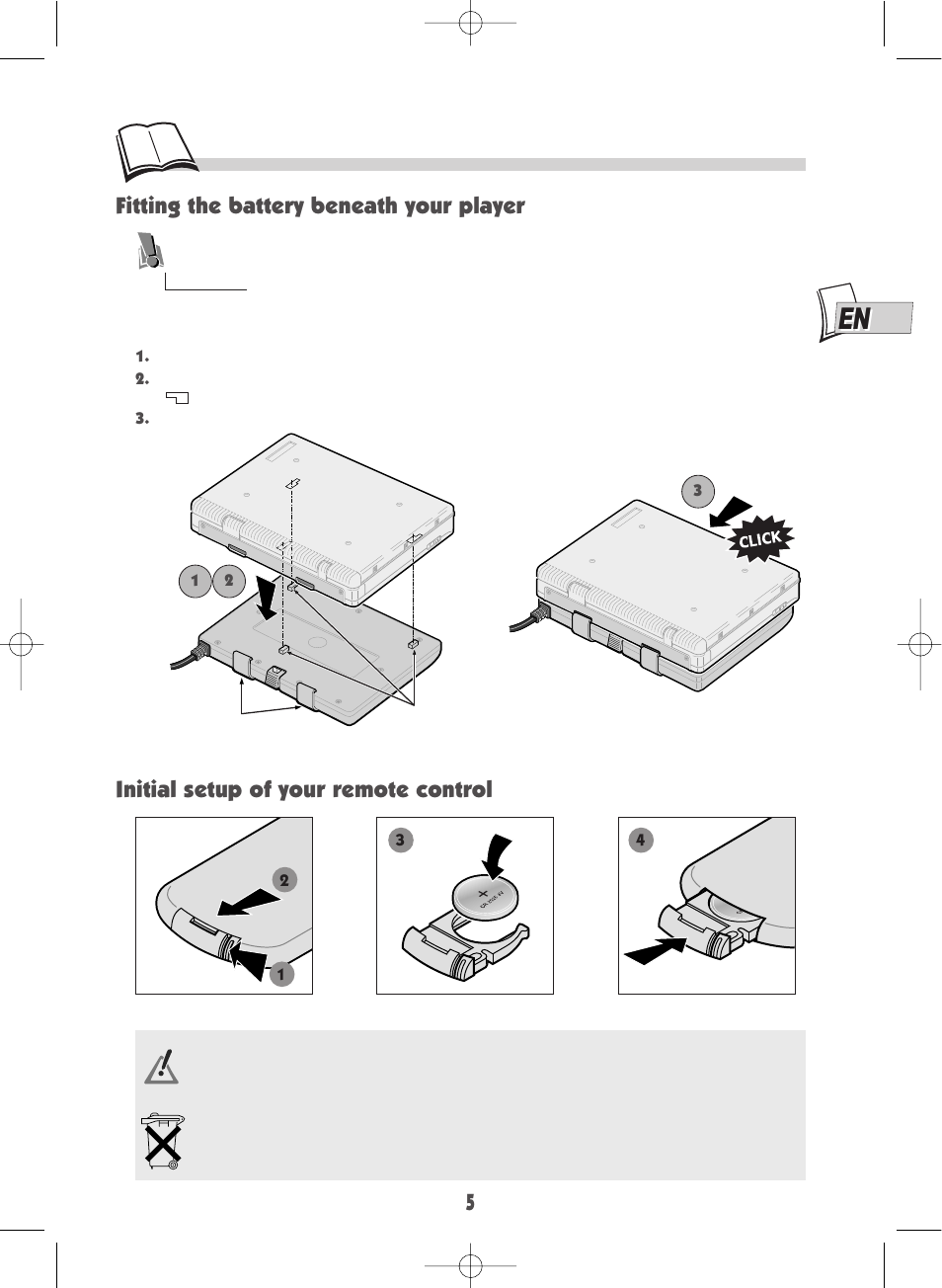 Fitting the battery beneath your player, Initial setup of your remote control | Technicolor - Thomson DTH600 User Manual | Page 7 / 27