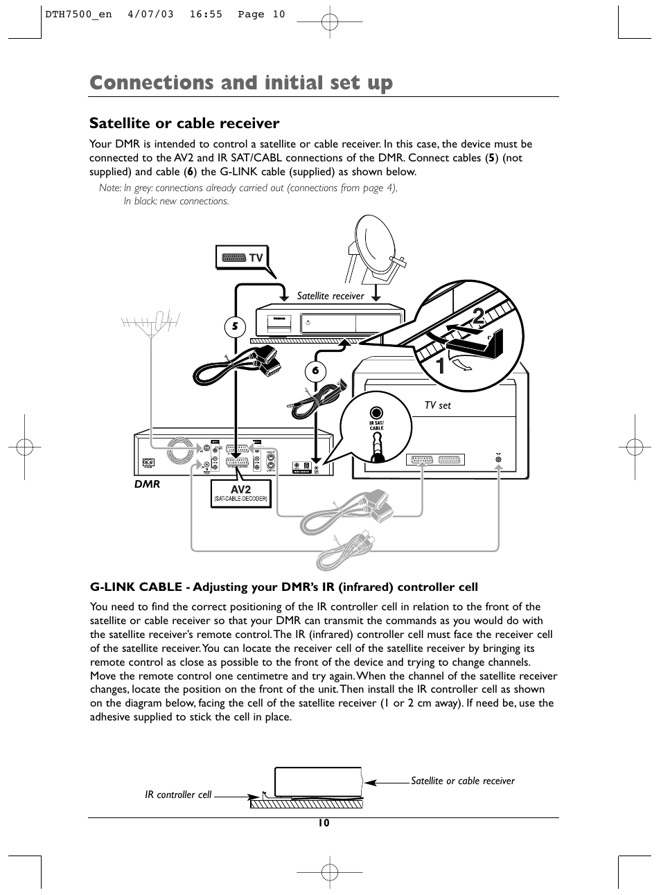 Connections and initial set up, Satellite or cable receiver | Technicolor - Thomson DTH7500 User Manual | Page 10 / 57