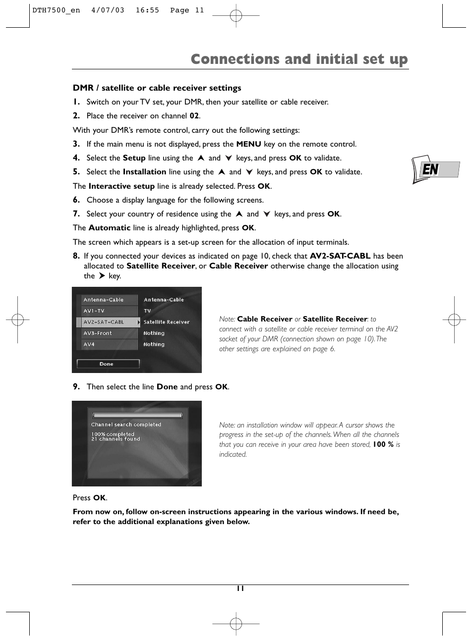 Connections and initial set up | Technicolor - Thomson DTH7500 User Manual | Page 11 / 57