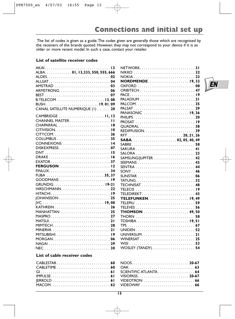 Connections and initial set up | Technicolor - Thomson DTH7500 User Manual | Page 13 / 57