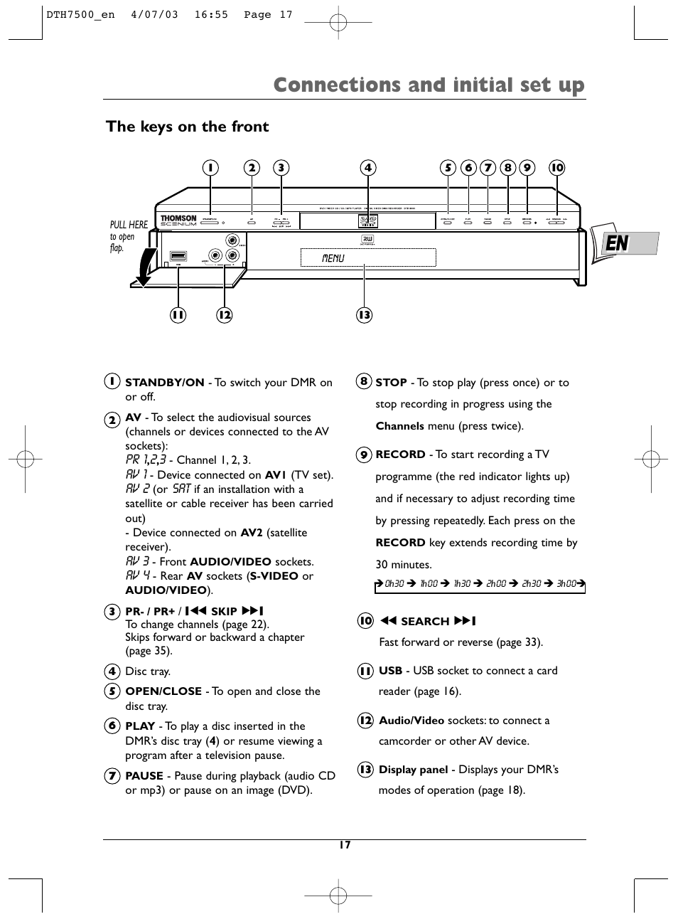 Connections and initial set up, The keys on the front | Technicolor - Thomson DTH7500 User Manual | Page 17 / 57