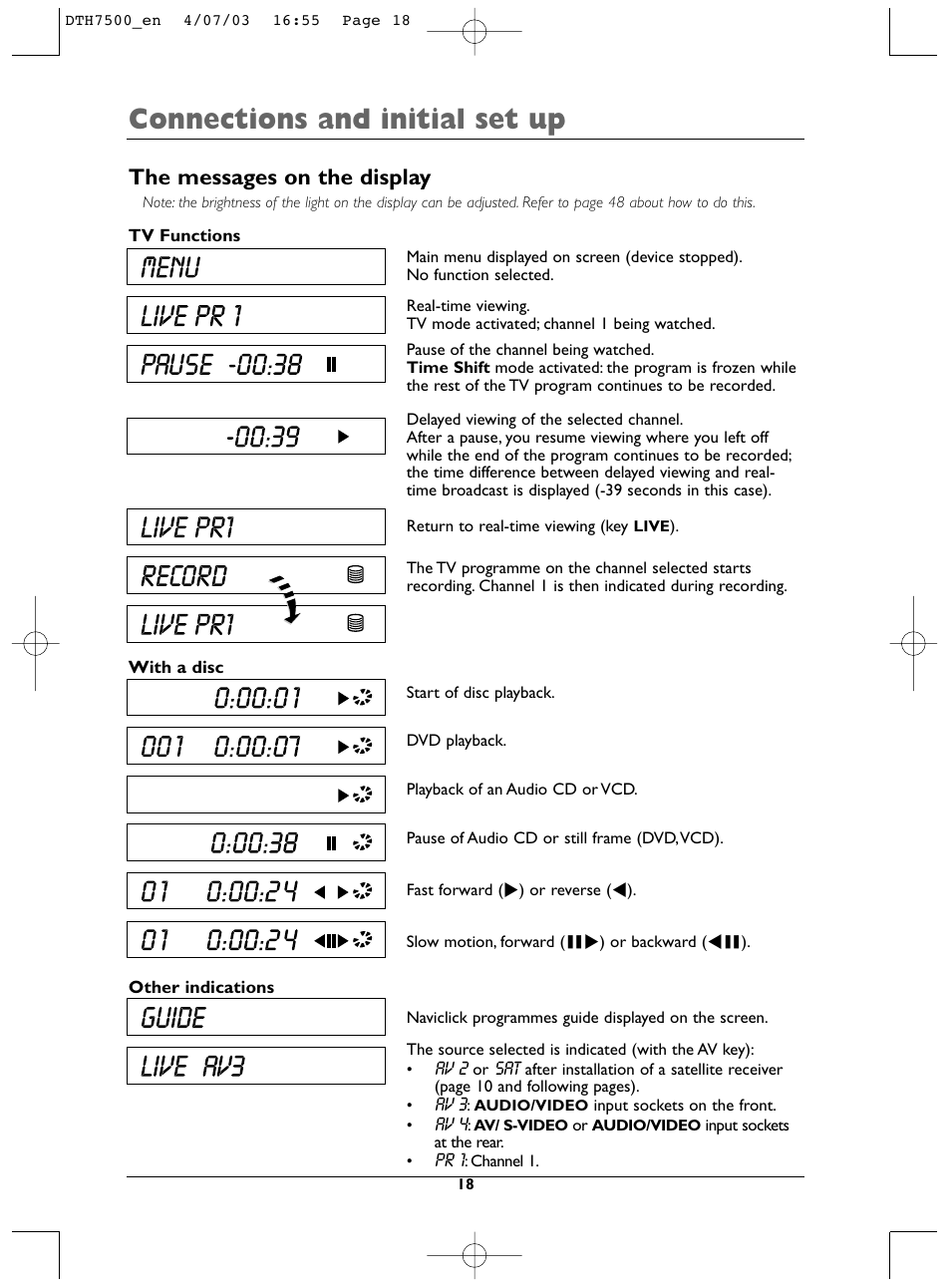 Connections and initial set up, The messages on the display | Technicolor - Thomson DTH7500 User Manual | Page 18 / 57