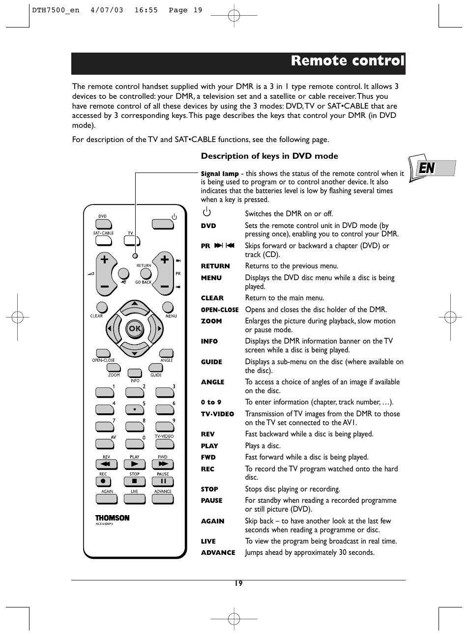 Remote control | Technicolor - Thomson DTH7500 User Manual | Page 19 / 57