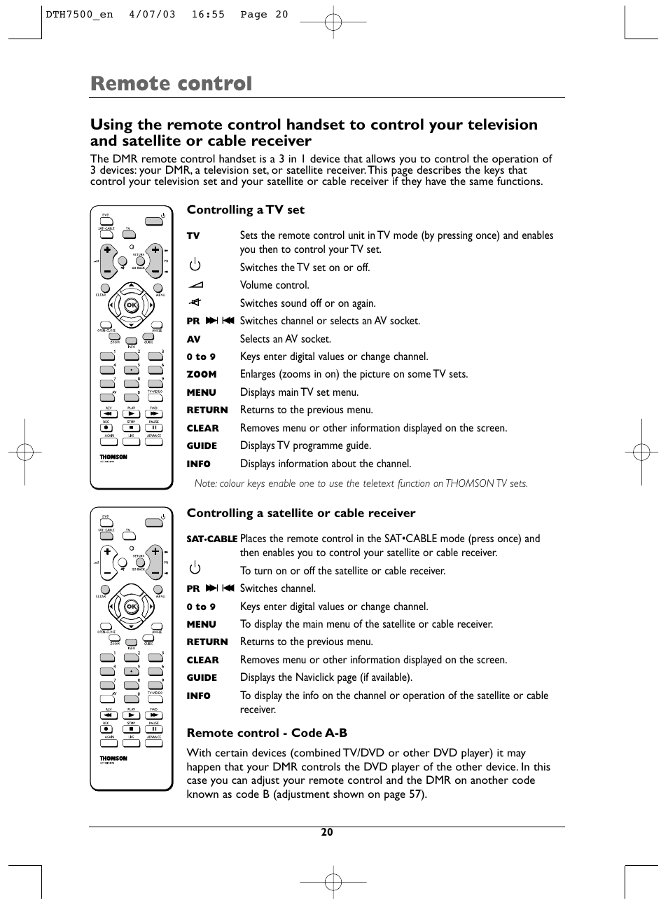 Remote control | Technicolor - Thomson DTH7500 User Manual | Page 20 / 57