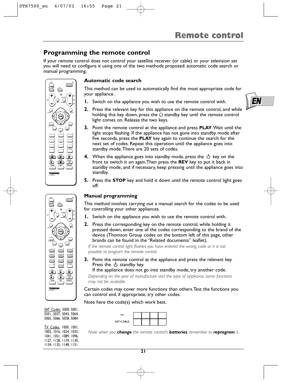 Remote control, Programming the remote control | Technicolor - Thomson DTH7500 User Manual | Page 21 / 57