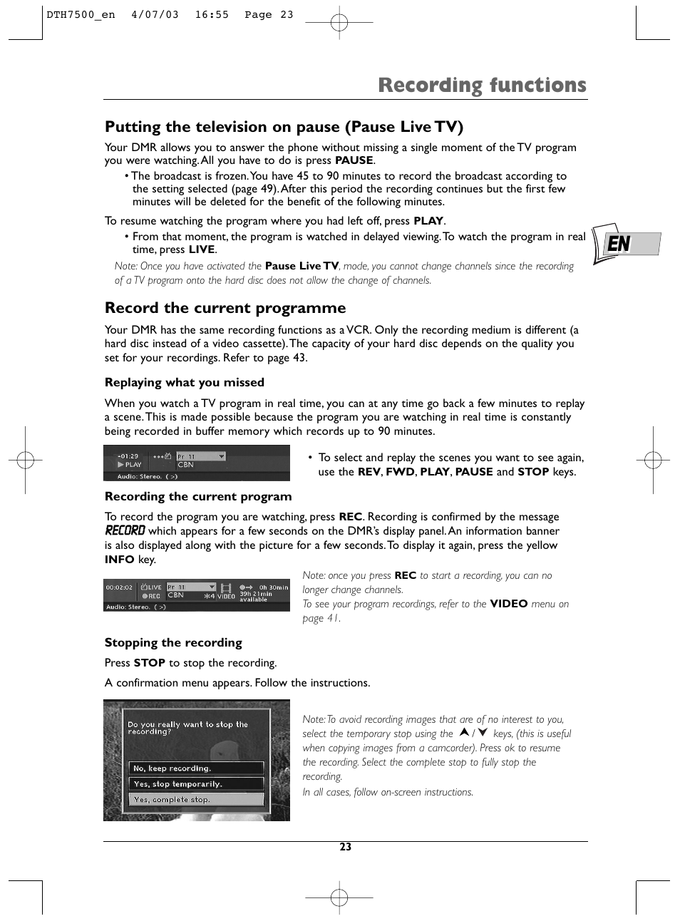 Recording functions, Putting the television on pause (pause live tv), Record the current programme | Technicolor - Thomson DTH7500 User Manual | Page 23 / 57