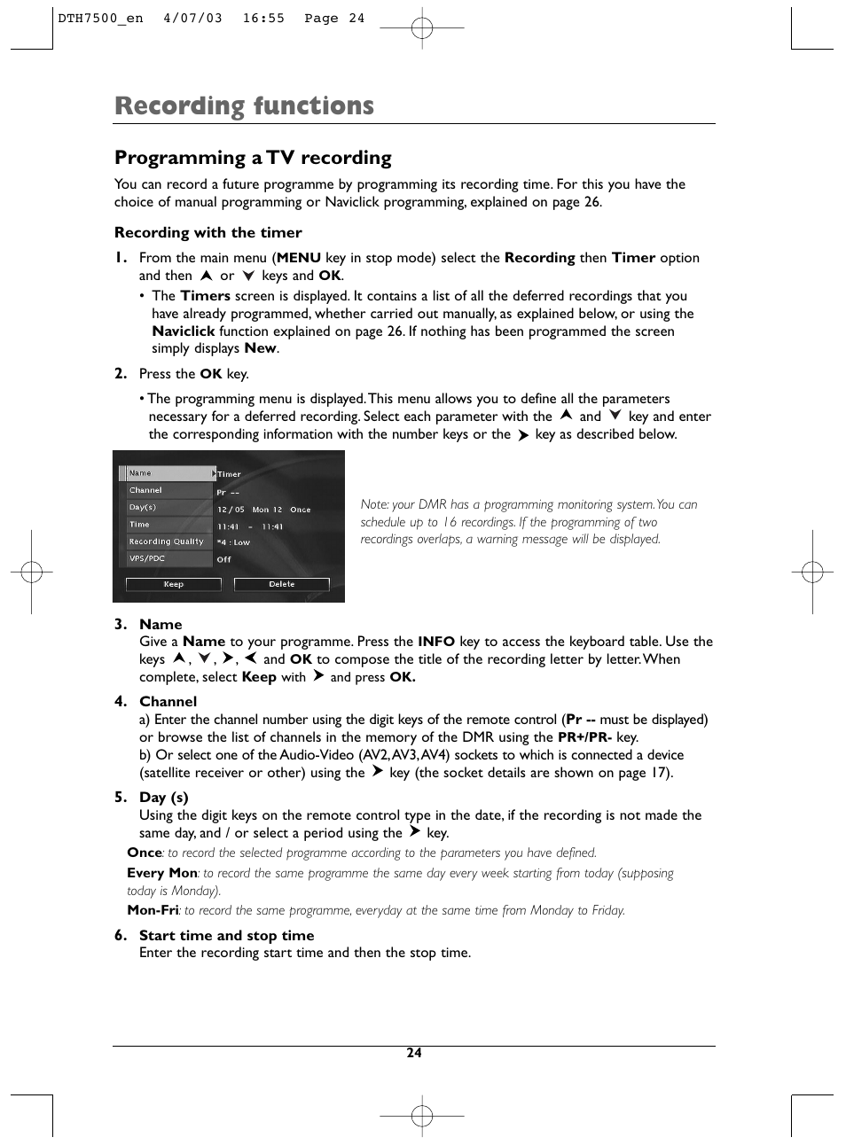 Recording functions, Programming a tv recording | Technicolor - Thomson DTH7500 User Manual | Page 24 / 57