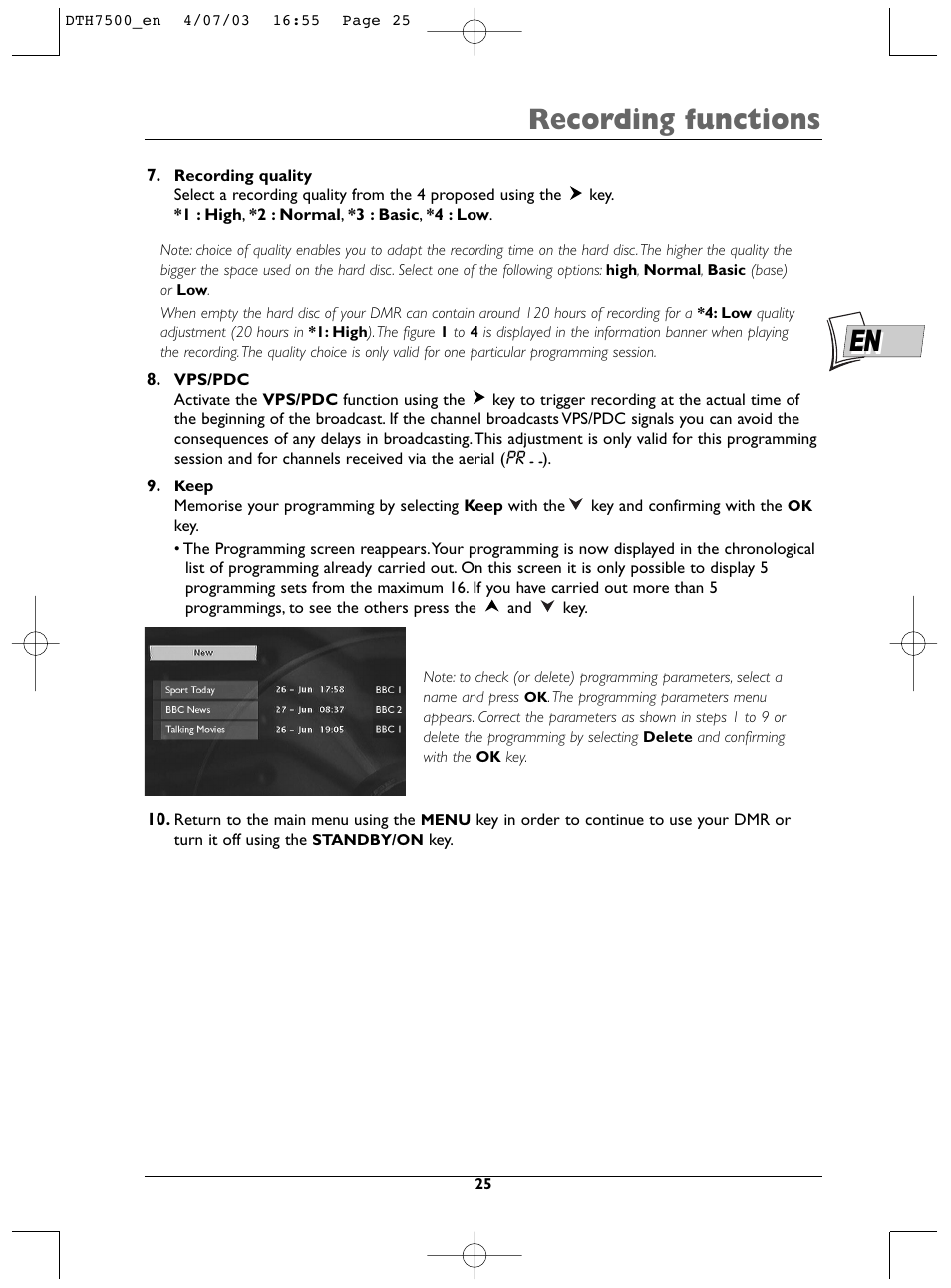 Recording functions | Technicolor - Thomson DTH7500 User Manual | Page 25 / 57