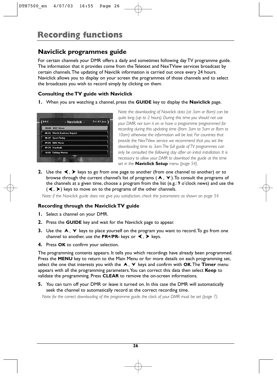 Recording functions, Naviclick programmes guide | Technicolor - Thomson DTH7500 User Manual | Page 26 / 57