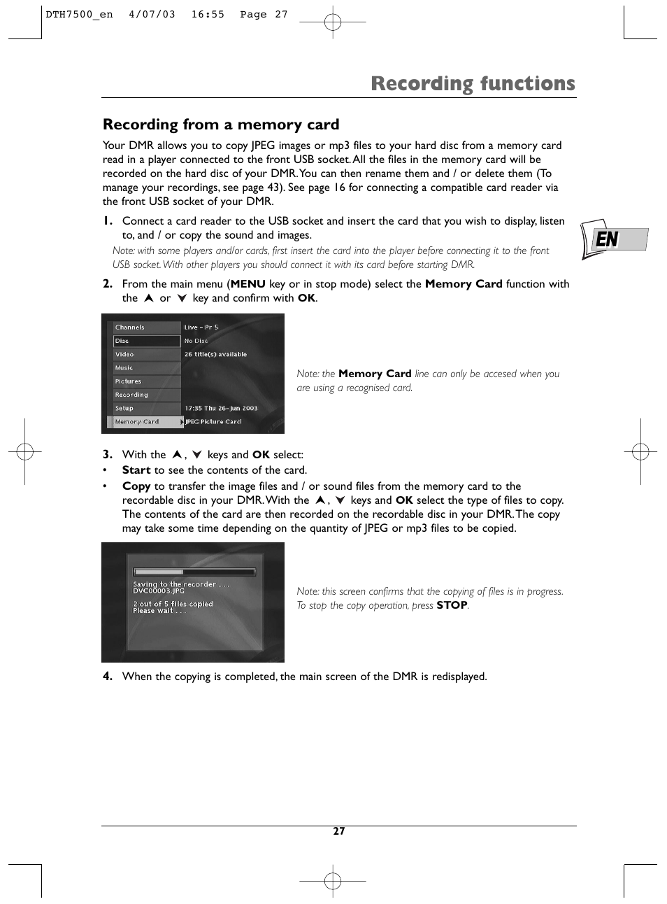 Recording functions | Technicolor - Thomson DTH7500 User Manual | Page 27 / 57