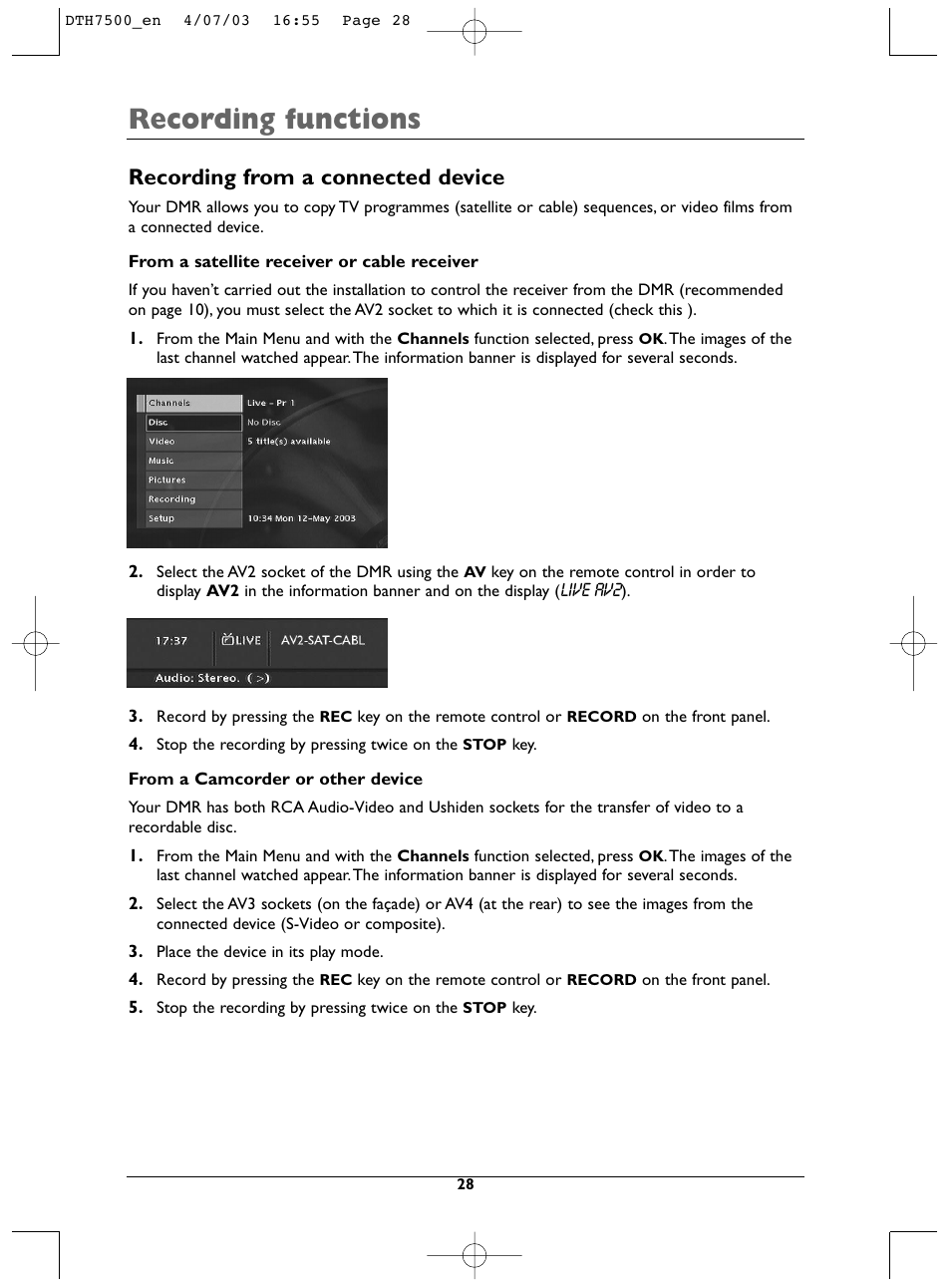 Recording functions, Recording from a connected device | Technicolor - Thomson DTH7500 User Manual | Page 28 / 57