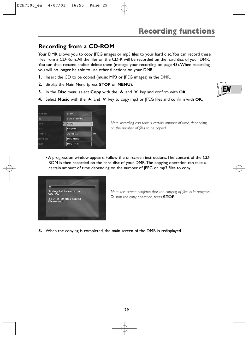 Recording functions, Recording from a cd-rom | Technicolor - Thomson DTH7500 User Manual | Page 29 / 57