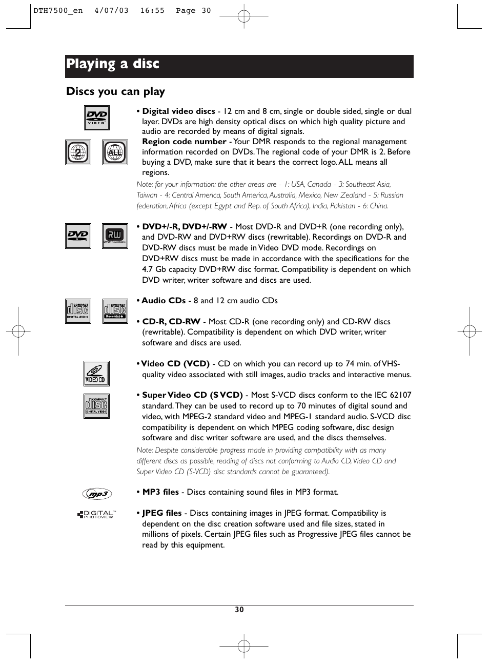 Playing a disc, Discs you can play | Technicolor - Thomson DTH7500 User Manual | Page 30 / 57