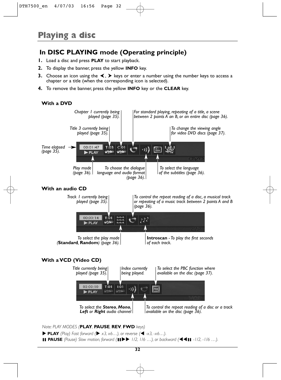 Playing a disc | Technicolor - Thomson DTH7500 User Manual | Page 32 / 57