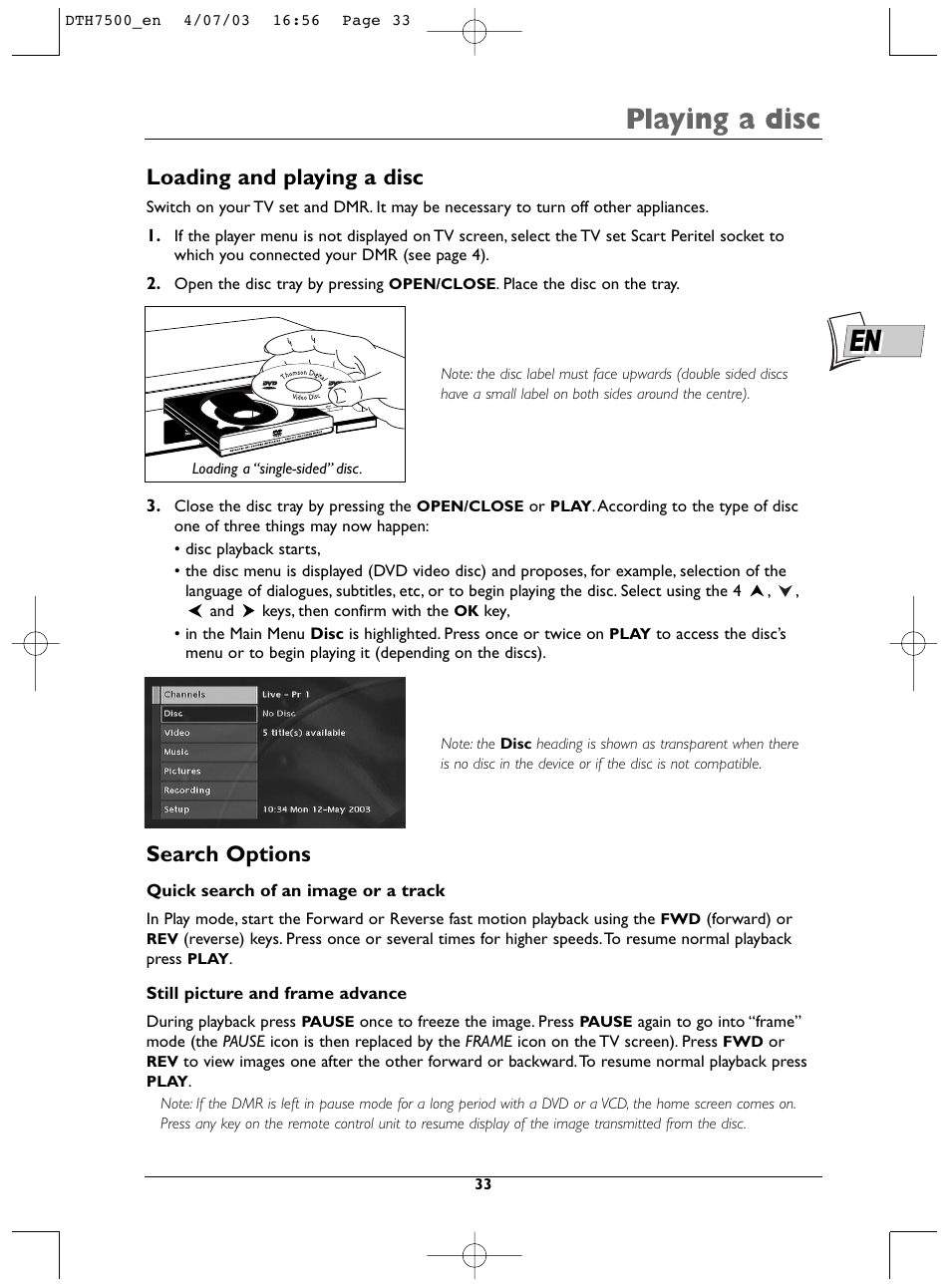 Playing a disc, Loading and playing a disc, Search options | Technicolor - Thomson DTH7500 User Manual | Page 33 / 57