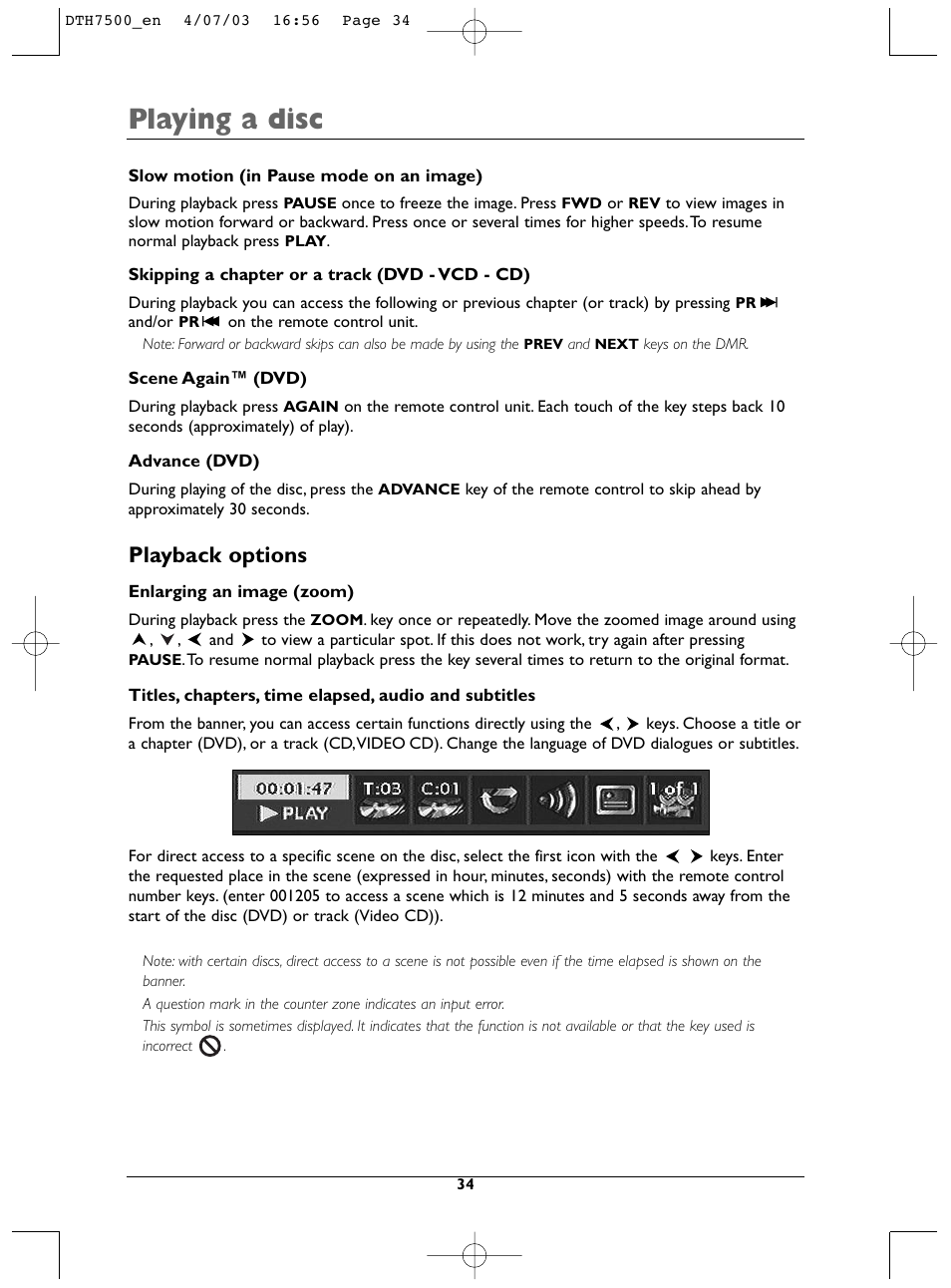 Playing a disc, Playback options | Technicolor - Thomson DTH7500 User Manual | Page 34 / 57