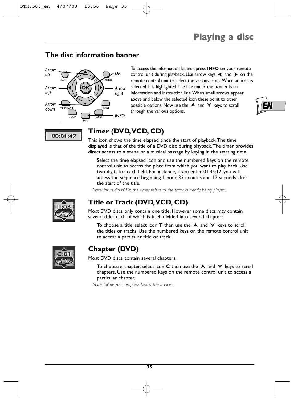 Playing a disc, Timer (dvd,vcd, cd), Title or track (dvd,vcd, cd) | Chapter (dvd), The disc information banner | Technicolor - Thomson DTH7500 User Manual | Page 35 / 57