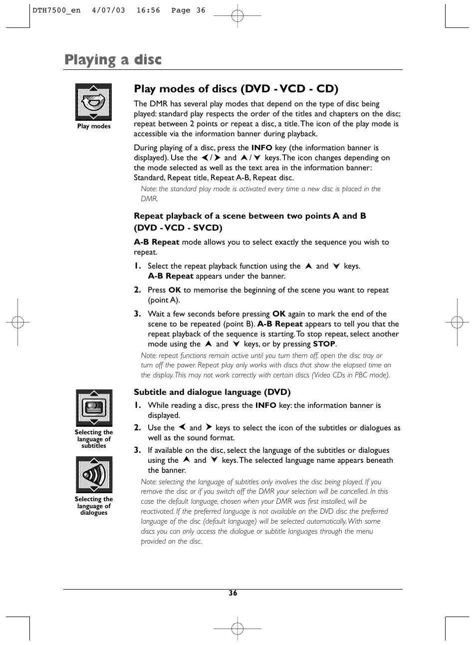 Playing a disc, Play modes of discs (dvd - vcd - cd) | Technicolor - Thomson DTH7500 User Manual | Page 36 / 57