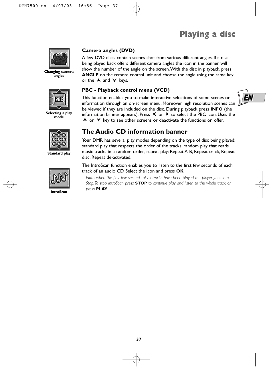 Playing a disc, The audio cd information banner | Technicolor - Thomson DTH7500 User Manual | Page 37 / 57