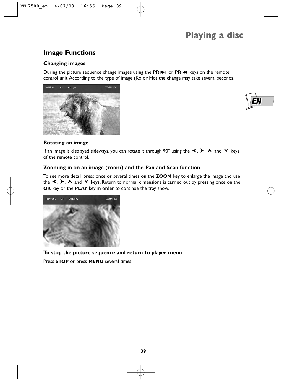 Playing a disc, Image functions | Technicolor - Thomson DTH7500 User Manual | Page 39 / 57