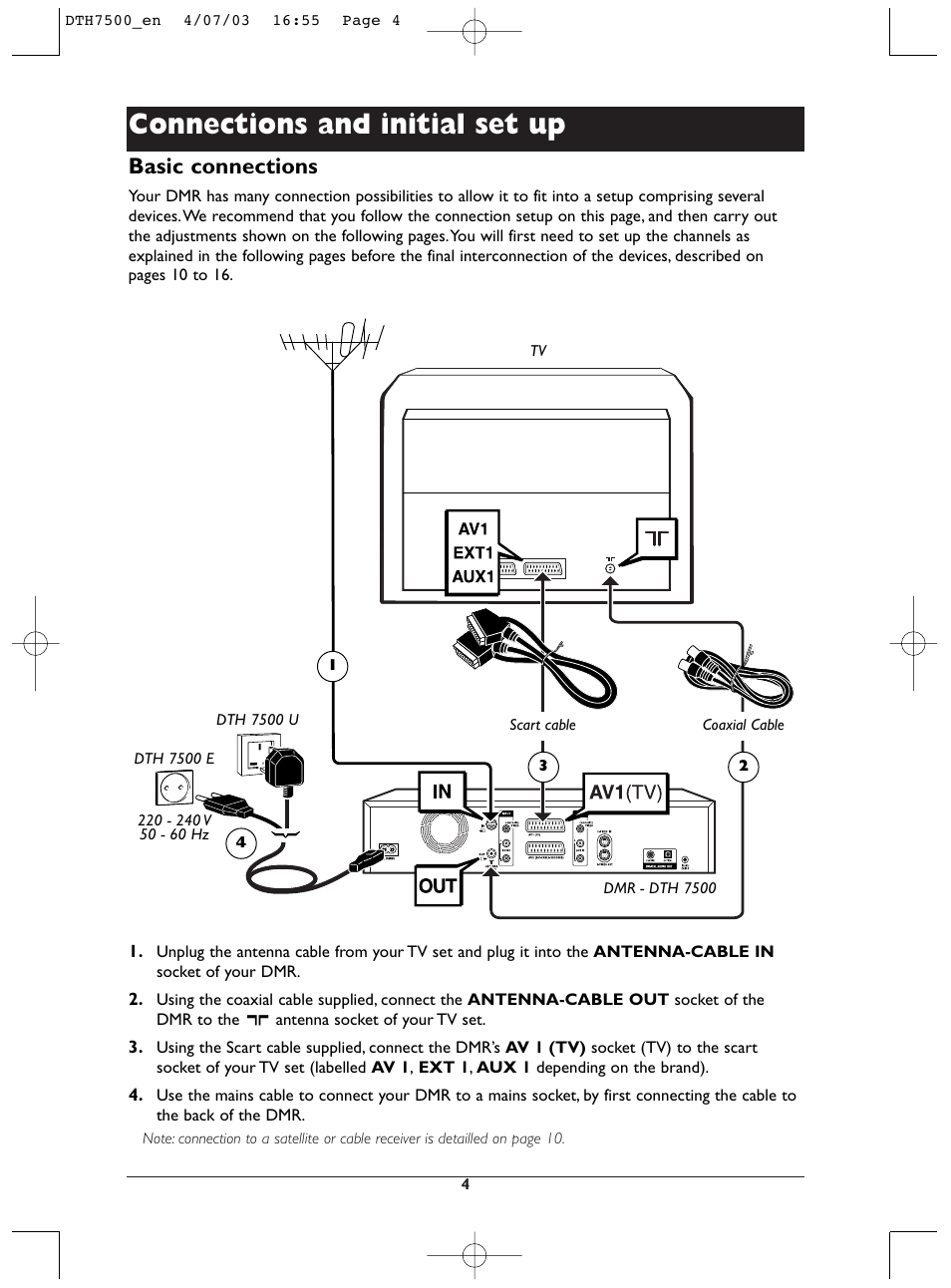 Connections and initial set up, Basic connections | Technicolor - Thomson DTH7500 User Manual | Page 4 / 57