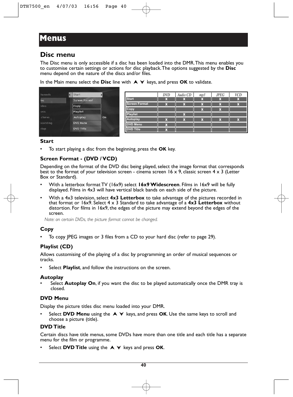 Menus, Disc menu | Technicolor - Thomson DTH7500 User Manual | Page 40 / 57