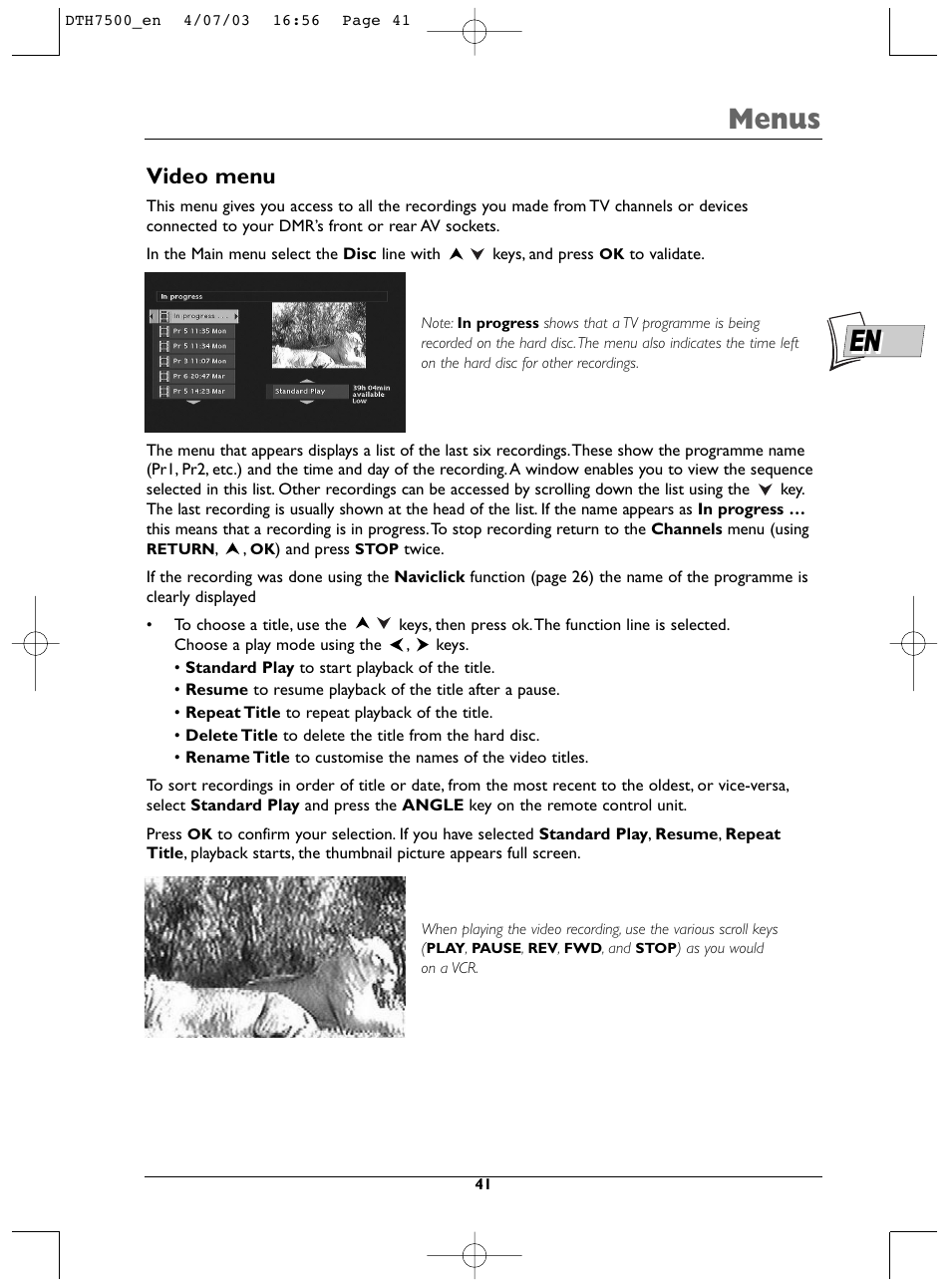 Menus, Video menu | Technicolor - Thomson DTH7500 User Manual | Page 41 / 57