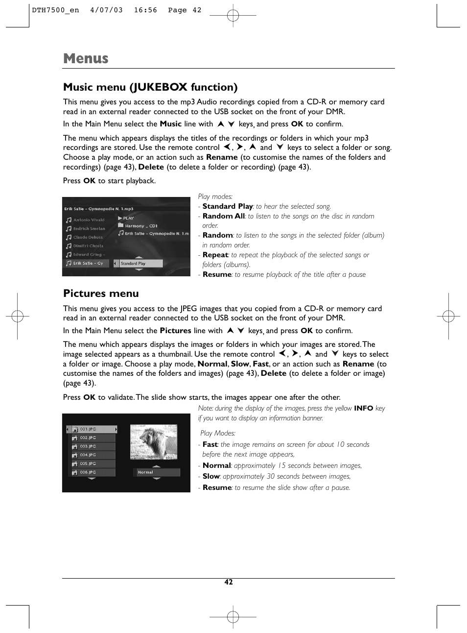 Menus, Music menu (jukebox function), Pictures menu | Technicolor - Thomson DTH7500 User Manual | Page 42 / 57