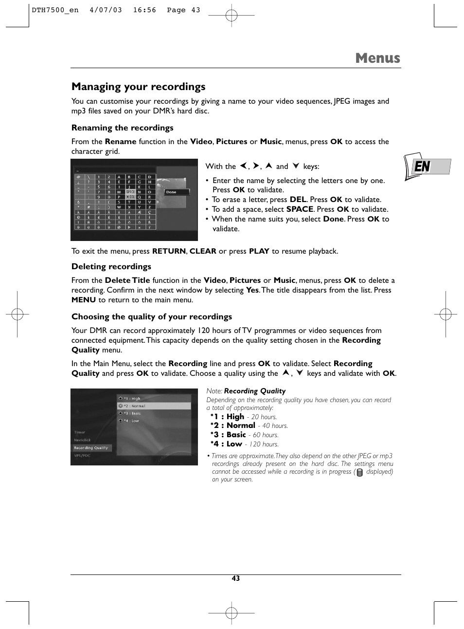 Menus, Managing your recordings | Technicolor - Thomson DTH7500 User Manual | Page 43 / 57