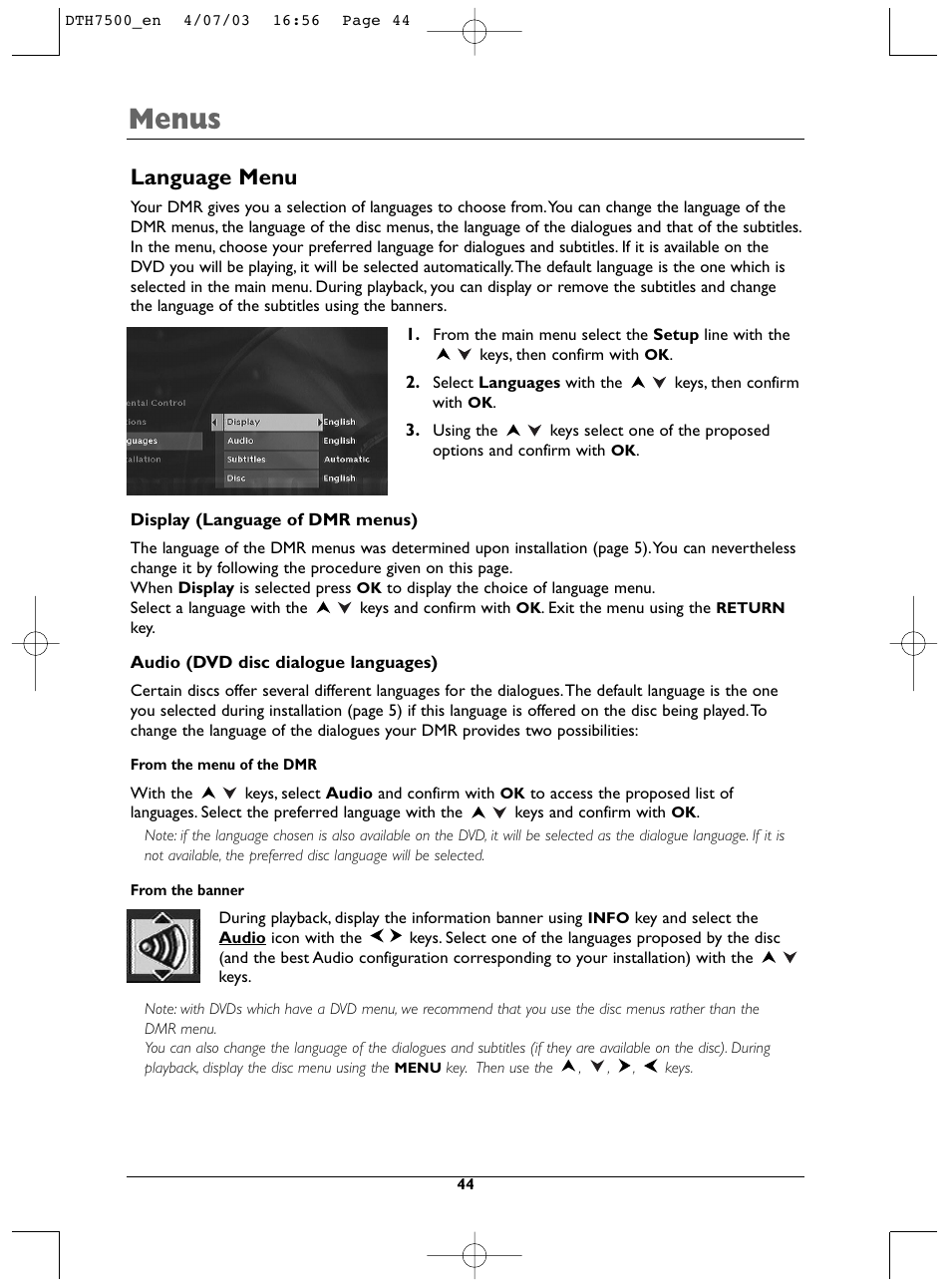 Menus, Language menu | Technicolor - Thomson DTH7500 User Manual | Page 44 / 57