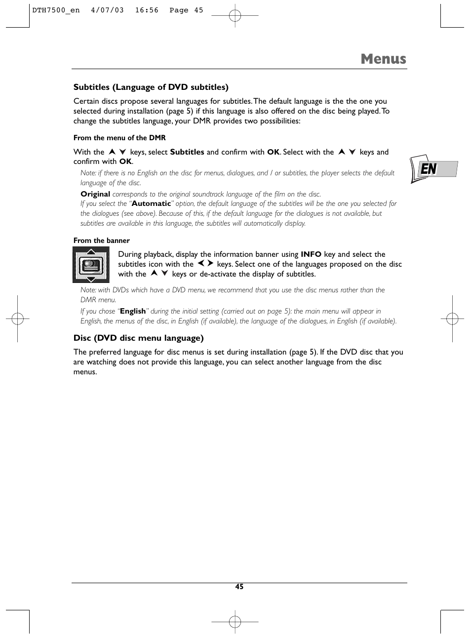 Menus | Technicolor - Thomson DTH7500 User Manual | Page 45 / 57