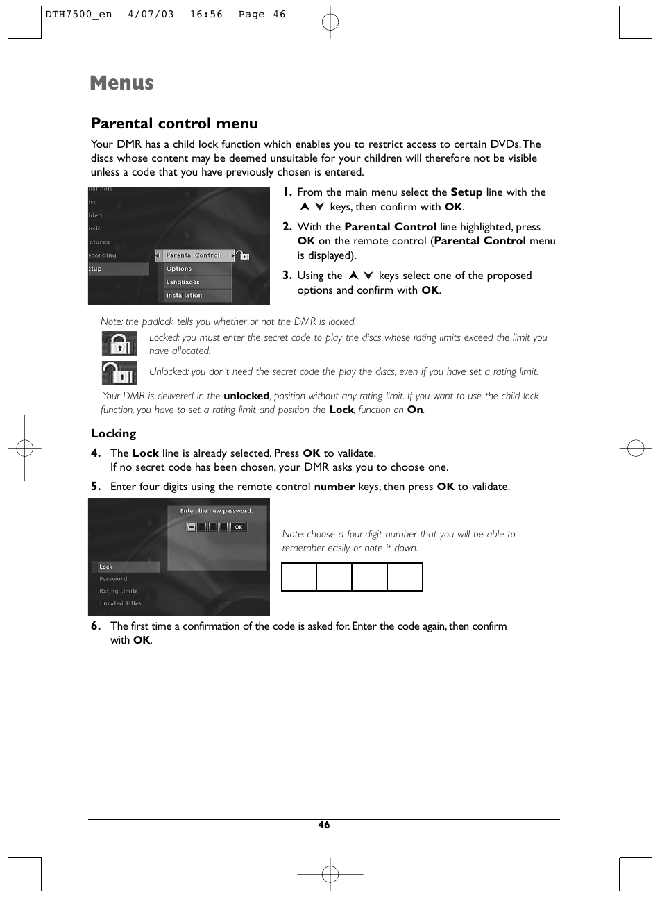 Menus, Parental control menu | Technicolor - Thomson DTH7500 User Manual | Page 46 / 57