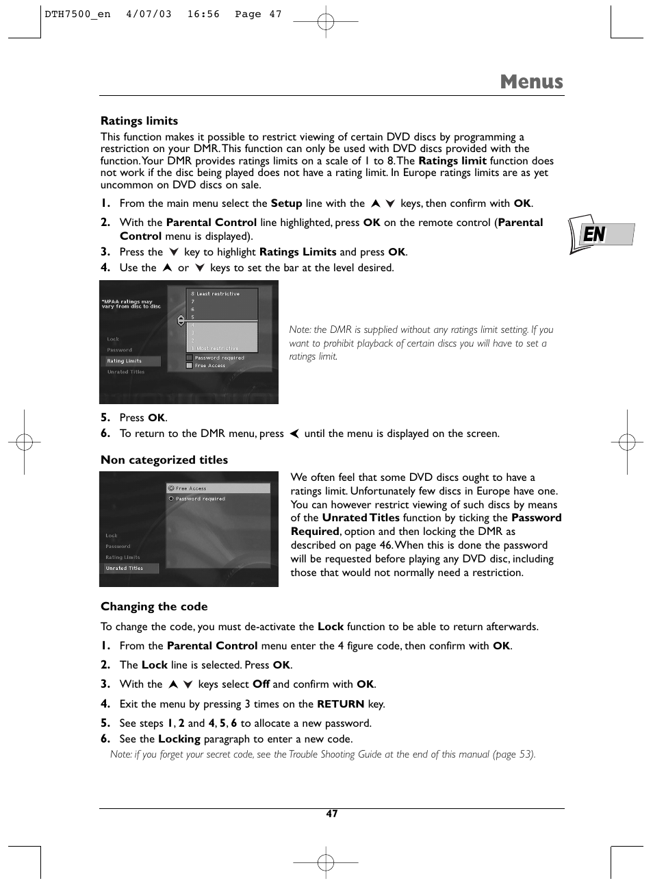 Menus | Technicolor - Thomson DTH7500 User Manual | Page 47 / 57