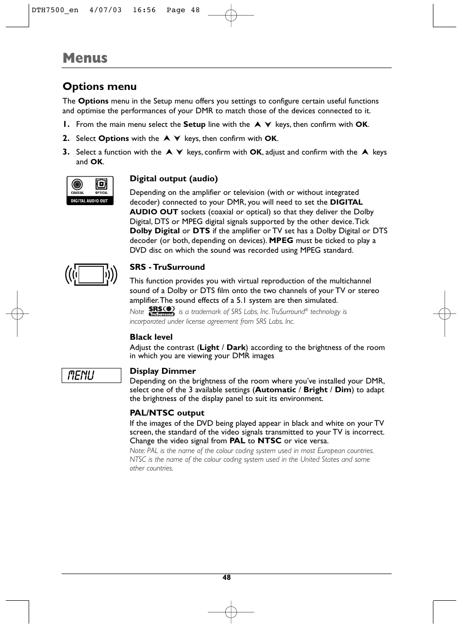 Menus, Options menu | Technicolor - Thomson DTH7500 User Manual | Page 48 / 57