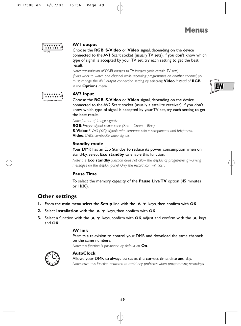 Menus, Other settings | Technicolor - Thomson DTH7500 User Manual | Page 49 / 57